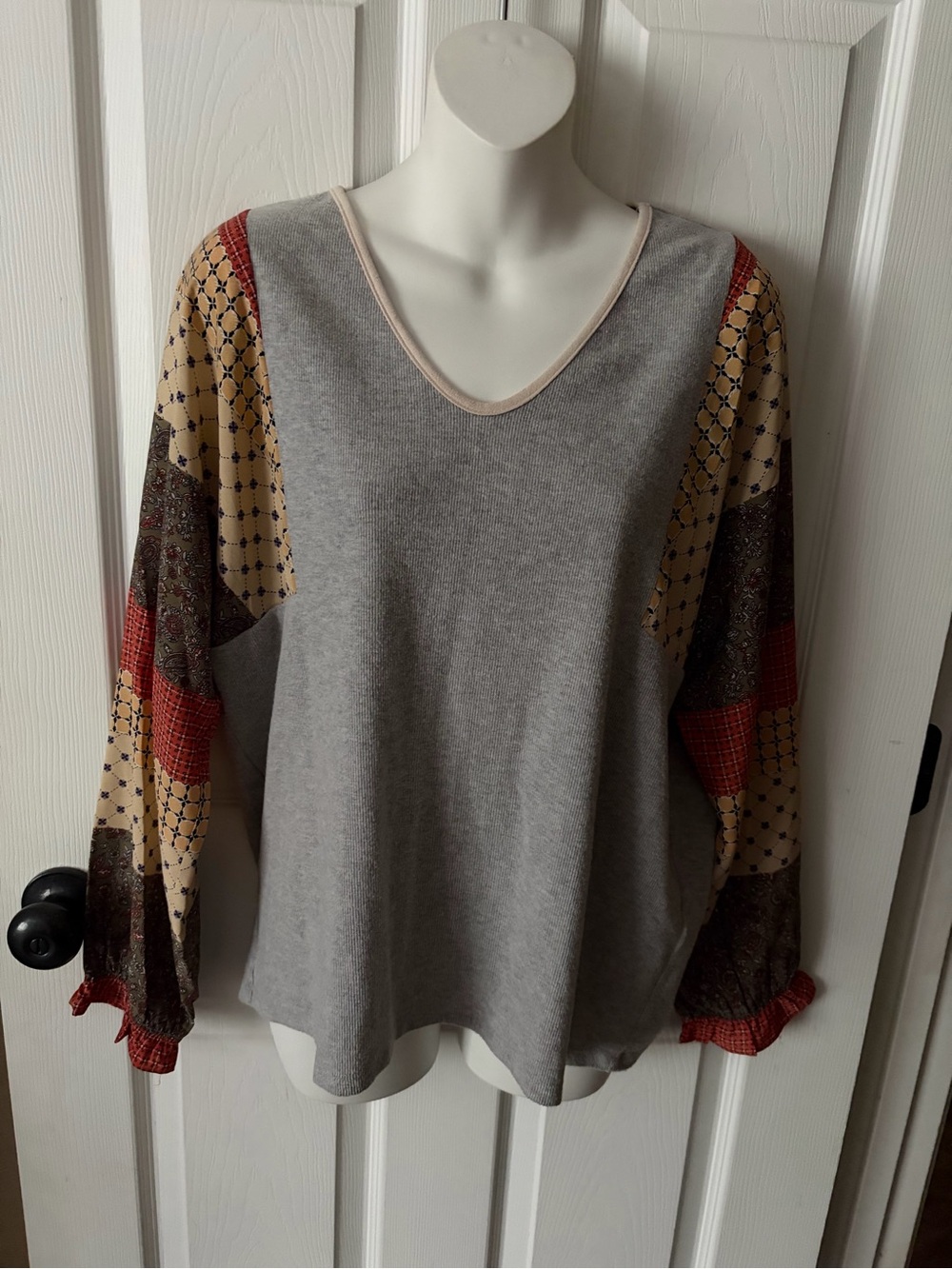 THML Country Boho Top Gray With Multi Color Patchwork Blouse Long Sleeves Size L